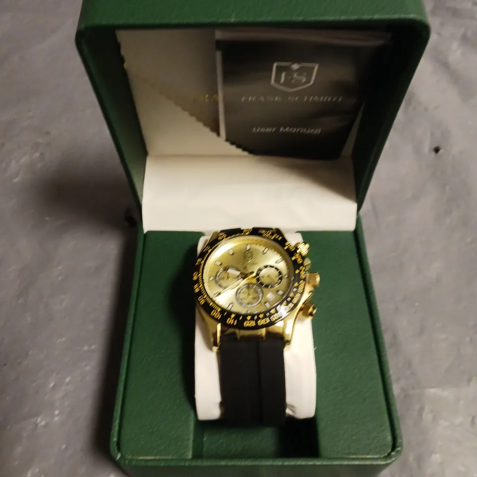 FRANK SCHMIDT GOLD DIAL GENTS WATCH WITH STAINLESS STEEL BACKCASE AND BLACK RUBBER STRAP IN BOX