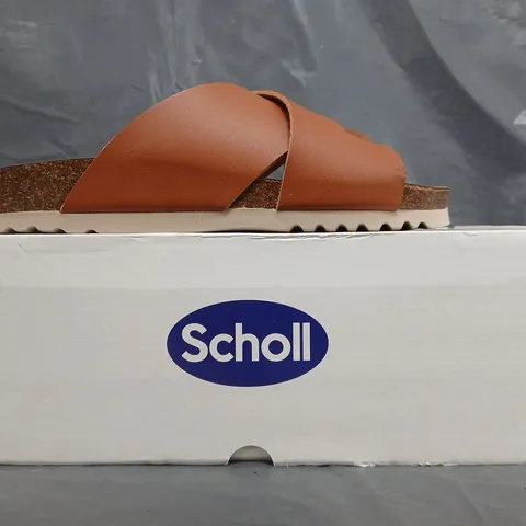 BOXED PAIR OF SCHOLL VIVIAN WRAP SANDALS COGNAC SIZE 6