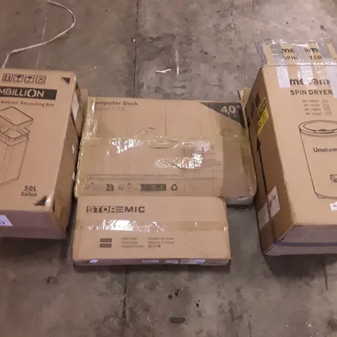 PALLET OF ASSORTED PRODUCTS INCLUDING SENSOR MOTION RECYCLING BIN, STOREMIC WALL SHELF, COMPUTER DESK, SPIN DRYER