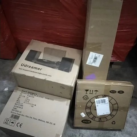 PALLET OF HOUSEHOLD ITEMS TO INCLUDE TRUNKI, UDREAMER TURNTABLE, CHRISTMAS TREE, WALL CLOCK AND OTHER ASSORTED ITEMS...
