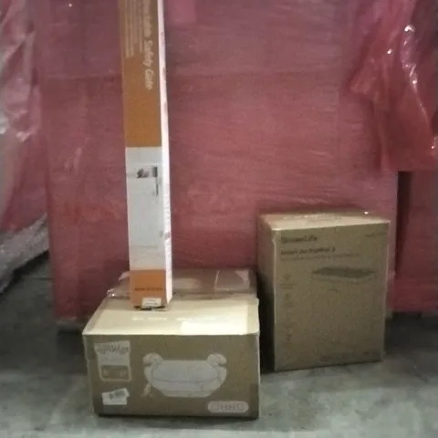 PALLET OF ASSORTED HOUSEHOLD GOODS AND PRODUCTS TO INCLUDE;RETRACTABLE SAFETY GATE,BOOSTER SEAT,SMART AIR PURIFIER 