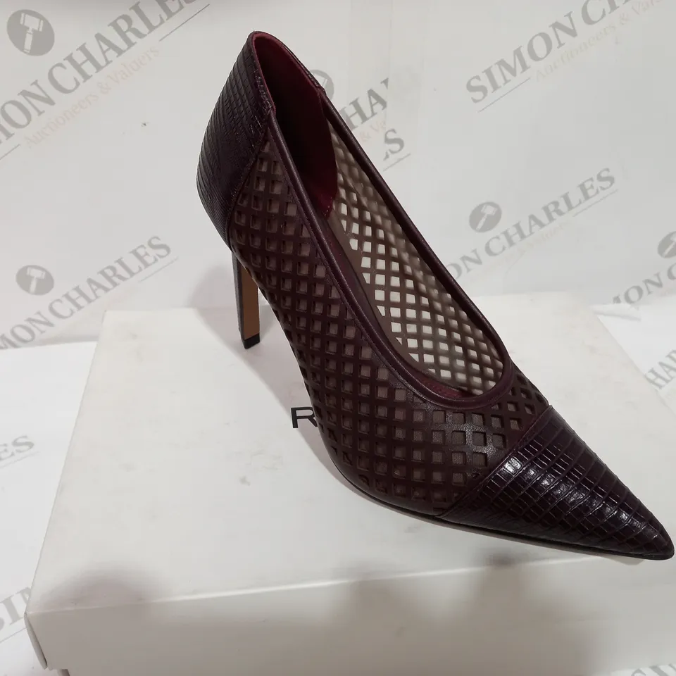 BOXED REISS CLOVER LIZARD STYLE POMEGRANATE COLOURED HEELS - SIZE 6