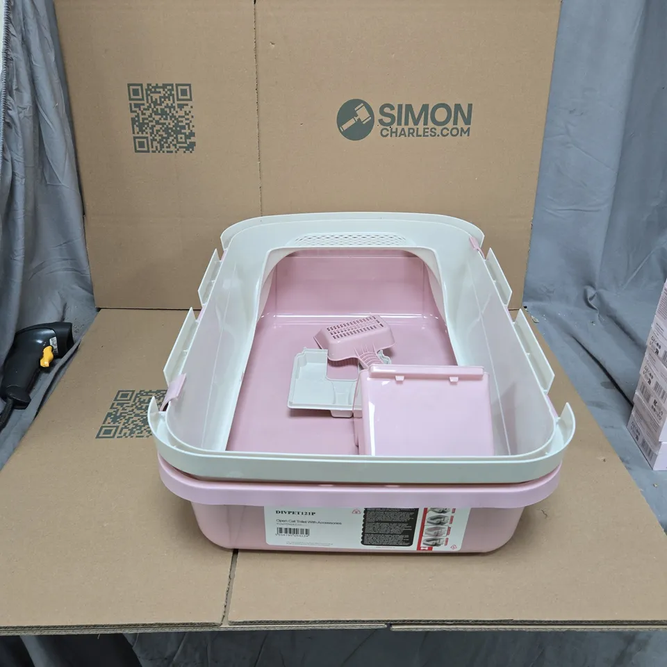 DIVPET121P OPEN CAT TOILET WITH ACCESSORIES – PINK PLASTIC LITTER TRAY