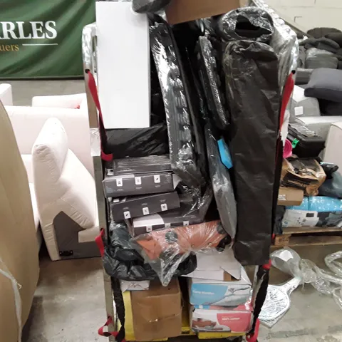 CAGE TO CONTAIN AN ASSORTMENT OF HOUSEHOLD ITEMS TO INCLUDE FOAM MATS SOFT SHELL LUGGAGE BAGS BABY CARRIER ECT 