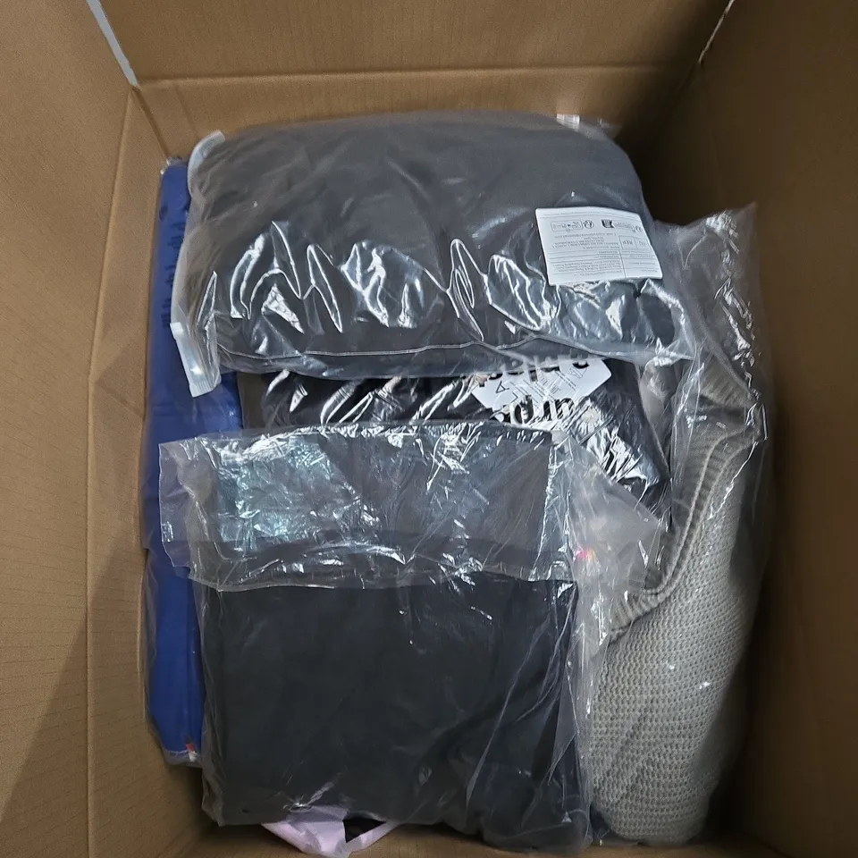 LARGE BOX OF ASSORTED CLOTHING ITEMS IN VARIOUS STYLES, COLOURS AND SIZES