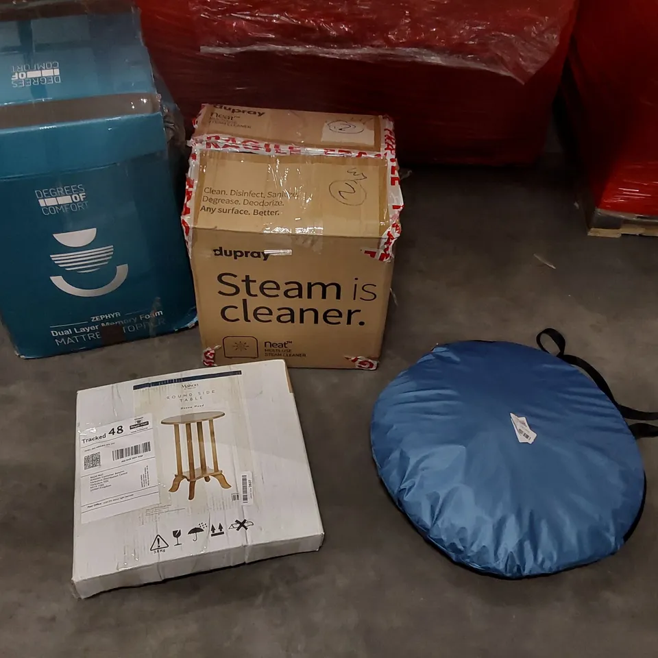 PALLET CONTAINING ASSORTED CONSUMER PRODUCTS TO INCLUDE: STEAM CLEANER, MATTRESS TOPPER, SIDE TABLE, POP-UP TENT, CHAIR ECT