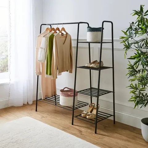 BOXED MULTIFUNCTIONAL METAL CLOTHES RAIL WITH SHELVES - BLACK (1 BOX)