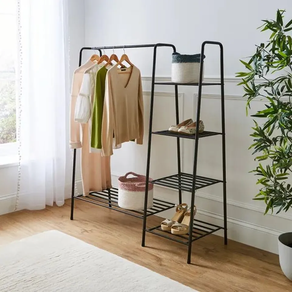 BOXED MULTIFUNCTIONAL METAL CLOTHES RAIL WITH SHELVES - BLACK (1 BOX)