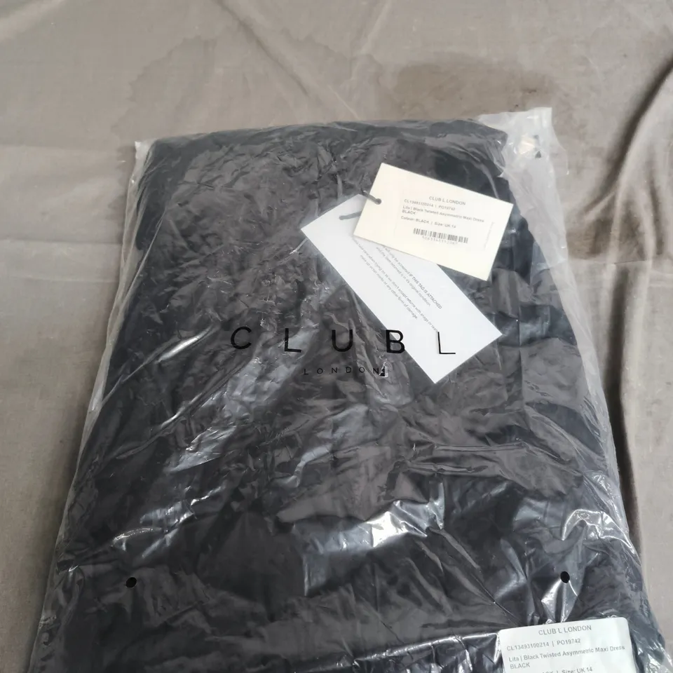 CLUB L LONDON LITA BLACK TWISTED ASYMMETRIC MAXI DRESS, UK 14