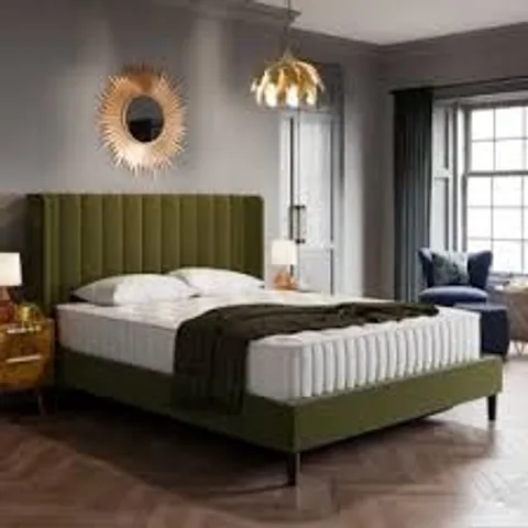 BOXED ALARA PLEATED VELVET OTTOMAN BED//SIZE: DOUBLE - OLIVE (3 BOXES)
