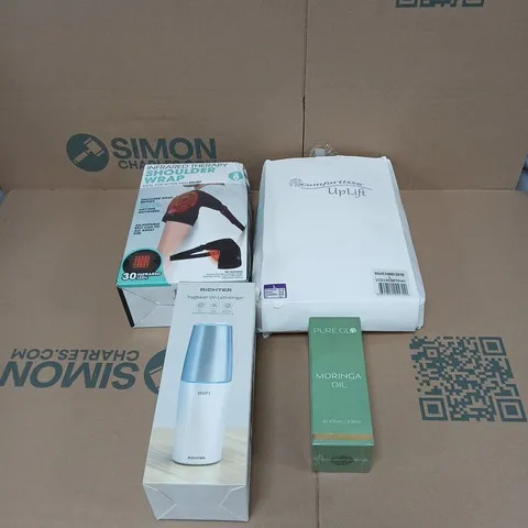 BOX OF APPROXIMATELY 25 ASSORTED HOUSEHOLD ITEMS TO INCLUDE COMFORTISSE UP LIGHT BRA, INFRARED THERAPY SHOULDER WRAP, MORINGA OIL ETC