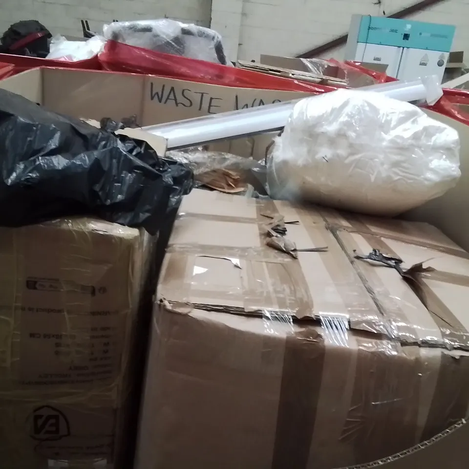 PALLET OF ASSORTED HOUSEHOLD GOODS AND PRODUCTS TO INCLUDE;AREA RUG,SEAT,RAKE