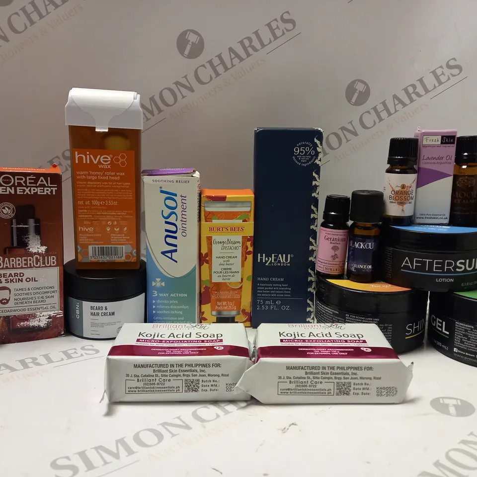 BOX OF APPROX 10 ASSORTED BEAUTY PRODUCTS TO INCLUDE CBN HAIR/BEARD CREAM, H2EAU HAND CREAM, AFTERSUN LOTION, ETC 
