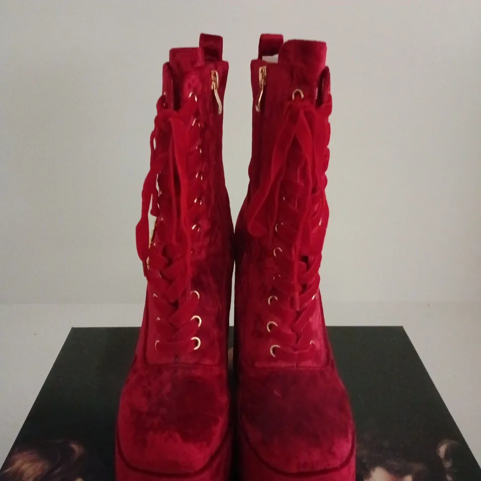 BOXED PAIR OF THE SIX SHADOWS HEELED BOOTS – RED VELVET, UK 6