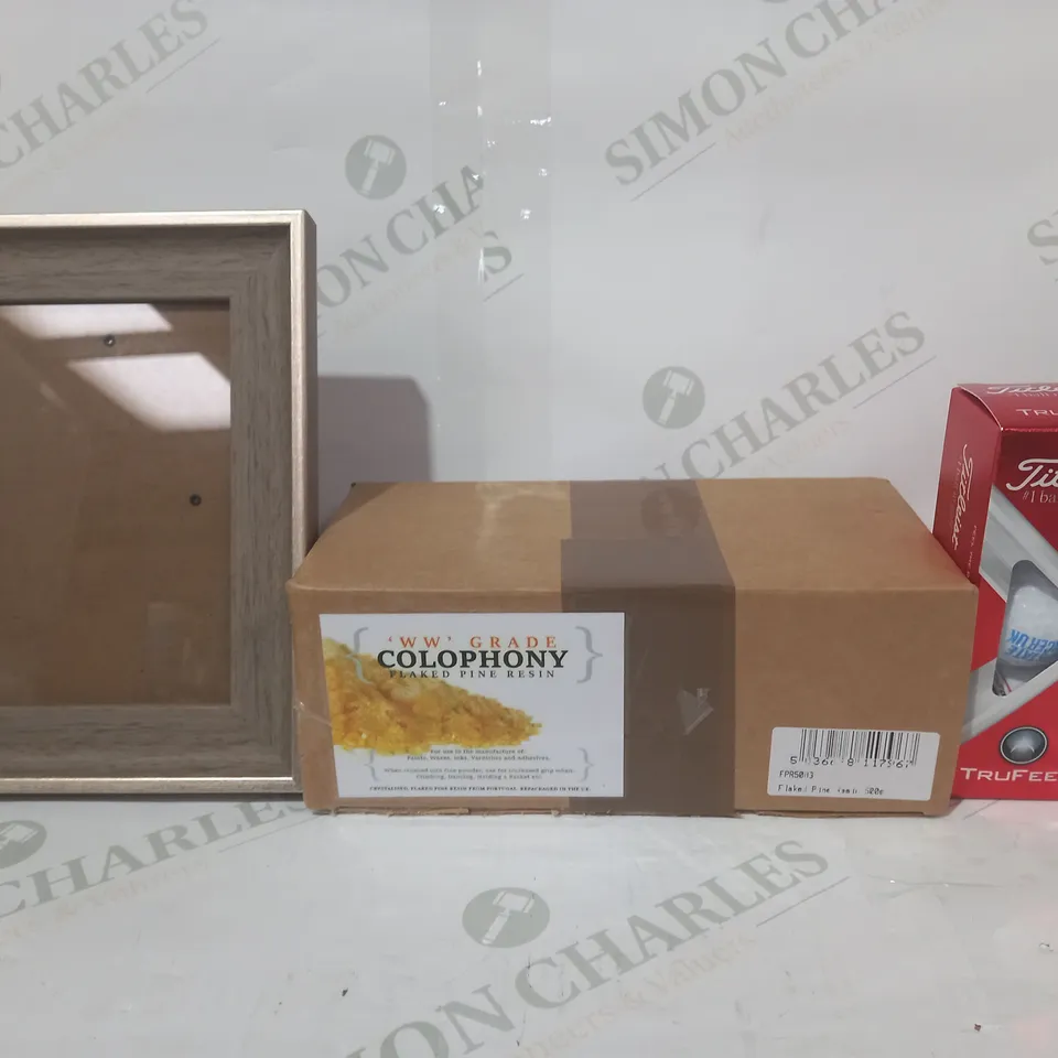 LOT OF APPROXIMATELY 10 ASSORTED HOUSEHOLD ITEMS TO INCLUDE TITLEIST GOLF BALLS, COLOPHONY FLAKED PINE RESIN, PHOTO FRAME, ETC