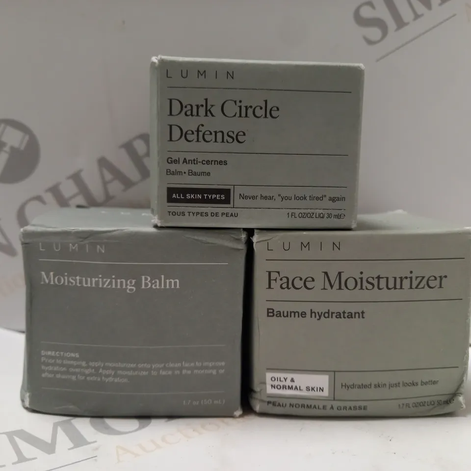 BOX OF 3 ASSORTED LUMIN PRODUCTS TO INCLUDE MOISTURIZING BALM, DARK CIRCLE DEFENSE, FACE MOISTURIZER 