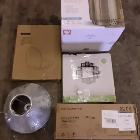 PALLET OF ASSORTED PRODUCTS INCLUDING TOILET SEAT, SOLO STOVE, WALL CLOCK, CHILDRENS TRICYCLE, LAMP SHADES