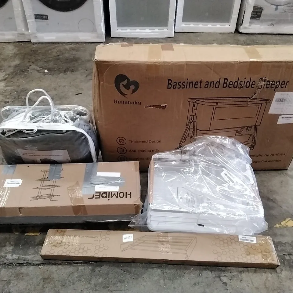 A PALLET OF VARIOUS ITEMS TO INCLUDE. BEDSIDE SLEEPER, CLOTHES AIRER, DRYING RACK, STORAGE BOX AND HEATED BLANKET
