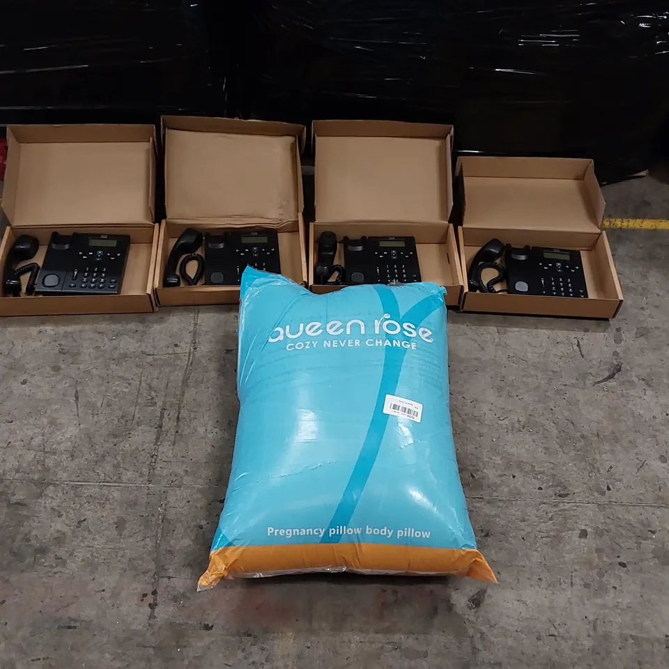 PALLET OF ASSORTED TELEPHONES AND OTHER ASSORTED ITEMS INCLUDING PILLOWS ECT.