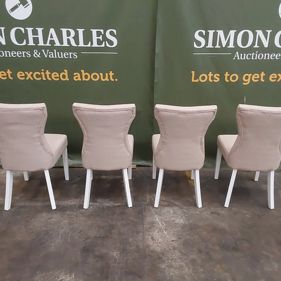 SET OF 4 BEWLEY OATMEAL FABRIC BUTTON BACK DINING CHAIRS WITH WHITE LEGS 
