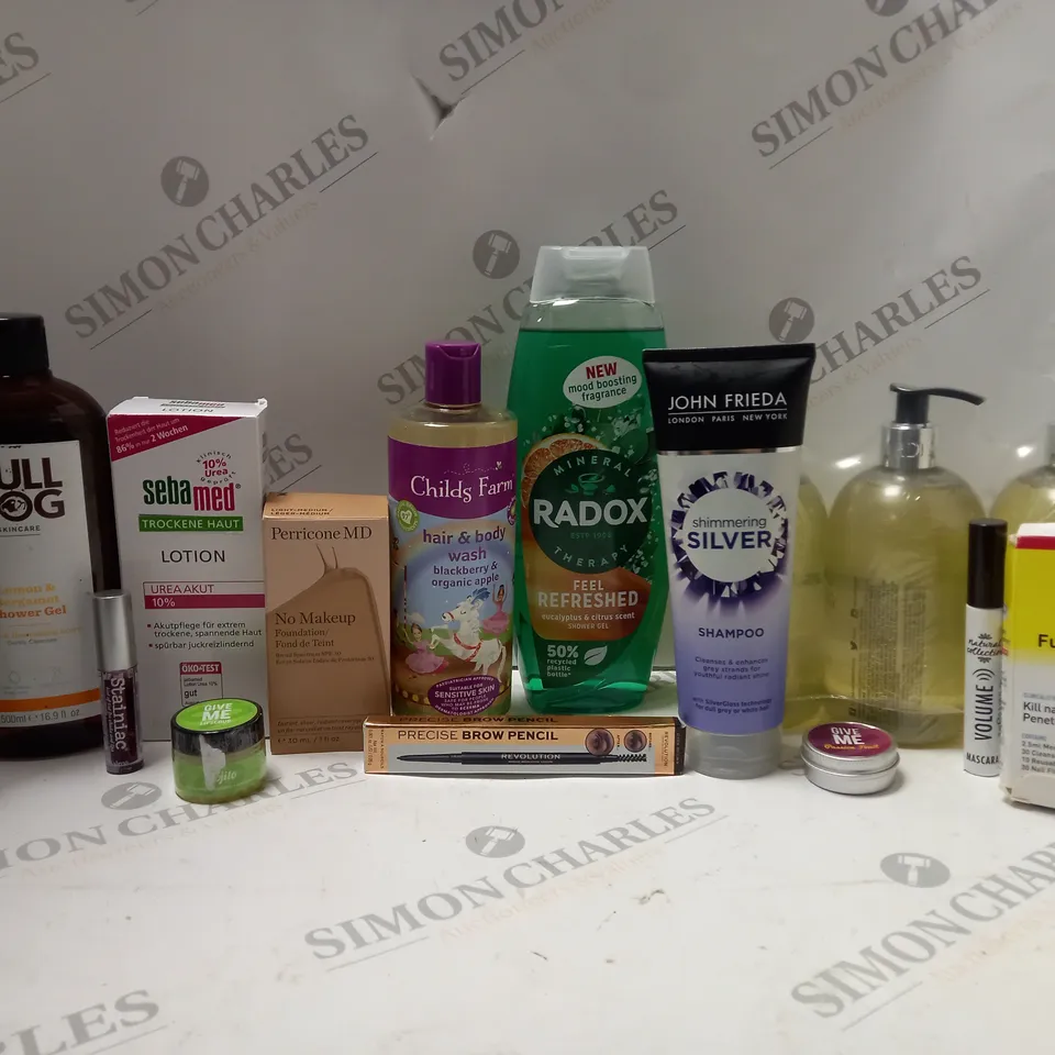 BOX OF APPROX 10 ASSORTED BEAUTY PRODUCTS TO INCLUDE PERRICONEMD NO MAKEUP FOUNDATION, JOHN FRIEDA SILVER SHAMPOO, REVOLUTION PRECISE BROW PENCIL #DARK BROWN, ETC 