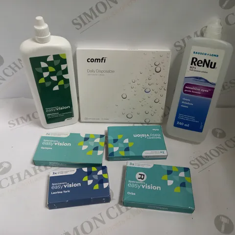 BOX OF APPROX 15 ASSORTED CONTACT LENSES ITEMS INCLUDING RENU MULTI PURPOSE SOLUTION, SPECSAVERS EASYVISION LENSES AND COMFI DAILY DISPOSABLE LENSES