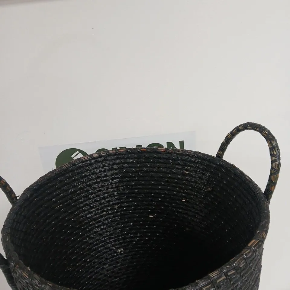 TALL BLACK WOVEN STORAGE BASKET WITH LID AND HANDLES