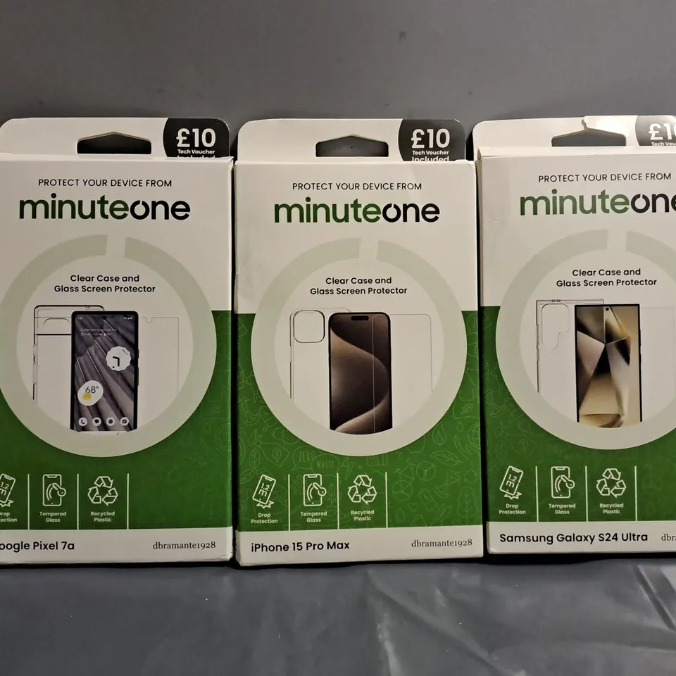 BOX OF APPROXIMATELY 30 MINUTE ONE IPHONE 15 PRO MAX , SAMSUNG GALAXY S24 ULTRA & GOOGLE PIXEL 7A CLEAR CASE & GLASS SCREEN PROTECTOR 