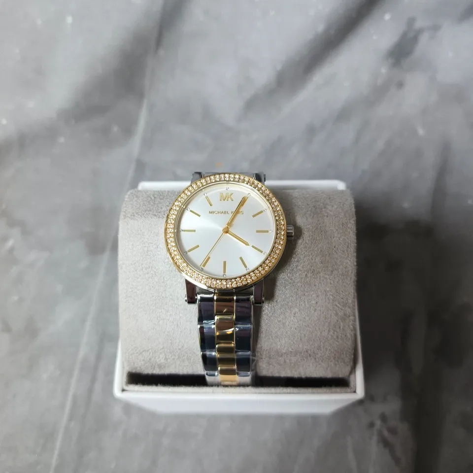 MICHAEL KORS TWO-TONE CRYSTAL-BEZEL WATCH – WHITE DIAL