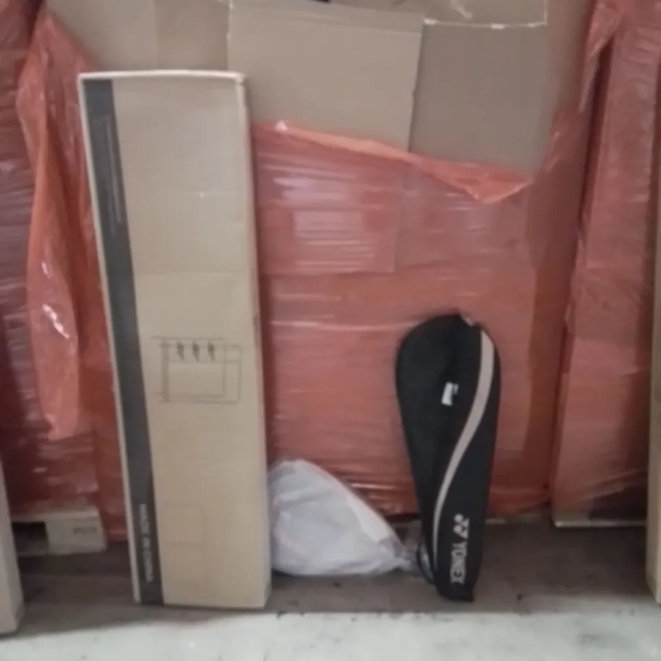 PALLET OF ASSORTED ITEMS INCLUDING:TENNIS RACKET,TABLE TENNIS RACKET,SHELVING UNIT
