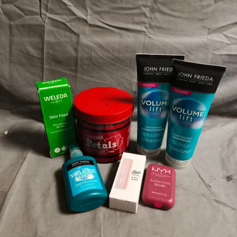 APPROXIMATEY 20 ASSORTED HEALTH AND BEAUTY PRODUCTS TO INCLUDE - JOHN FRIEDA ROOT BOOSTER - NYX BUTTERMELT BLUSH - PETALS STYLING GEL - ETC