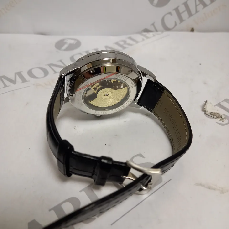 MENS VONLANTHEN AUTOMATIC WATCH – SILVER AND BLUE TEXTURED DIAL –SILVER COLOUR CASE - GLASS EXHIBITION BACKCASE – BLACK LEATHER STRAP