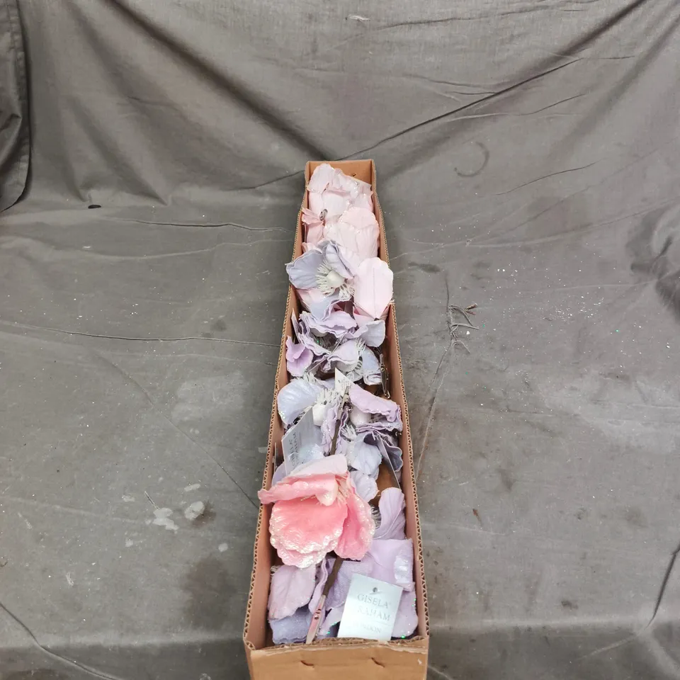 APPROXIMATELY 22 GISELA GRAHAM PINK/LILAC FROSTED FLOWER DECORATIONS WITH CLIP