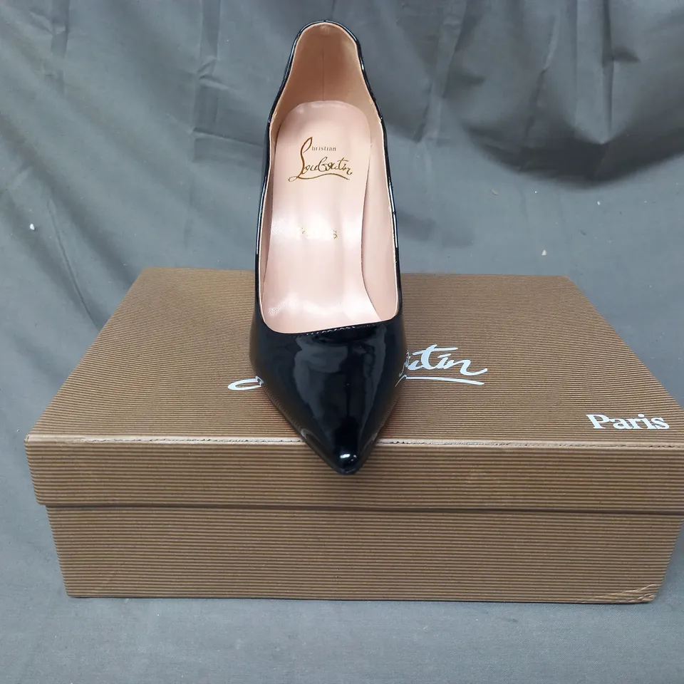 BOXED PAIR OF CHRISTIAN LOUBOUTIN POINTED TOE HEELED SHOES IN GLOSSY BLACK EU SIZE 38