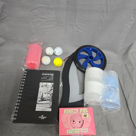 APPROXIMATELY 15 ASSORTED HOUSEHOLD ITEMS TO INCLUDE STRESS TOY, SKETCH BOOK AND GOLF BALLS