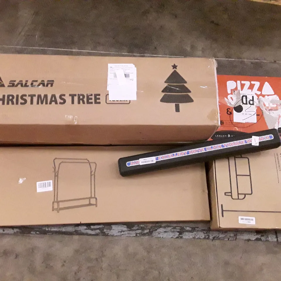 PALLET OF ASSORTED PRODUCTS INCLUDING CHRISTMAS TREE, CLOTHES RACK, TORQUE WRENCH, RGB FLOOR LAMP, PIZZA PEEL