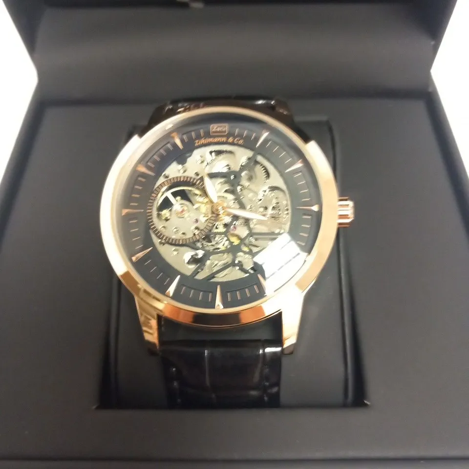 MENS ZIHLMANN & CO AUTOMATIC WATCH - Z210 – SKELETON DIAL – GOLD COLOUR CASE – GENUINE LEATHER CASE – HAND ASSEMBLED – RRP £520 