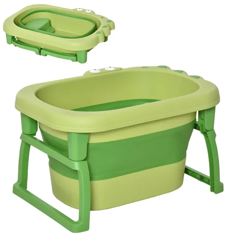 BOXED HOMCOM FOLDABLE BABY BATHTUB, WITH STOOL - GREEN