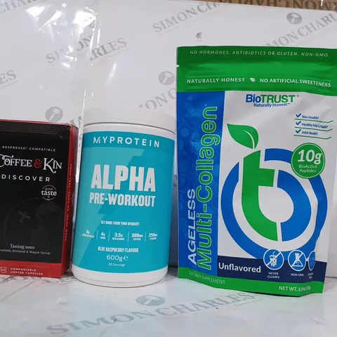 APPROXIMATELY 10 ASSORTED FOOD & DRINK ITEMS TO INCLUDE BIOTRUST AGELESS MULTI-COLLAGEN, MY PROTEIN ALPHA PRE-WORKOUT IN BLUE RASPBERRY FLAVOUR, COFFEE & KIN DISCOVER COFFEE CAPSULES, ETC