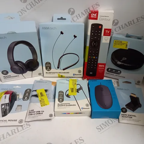 BOX OF APPROXIMATELY 20 ASSORTED ELECTRICAL PRODUCTS TO INCLUDE PERSONAL CD PLAYER, UNIVERSAL REMOTE CONTROL, BLUETOOTH HEADPHONES ETC
