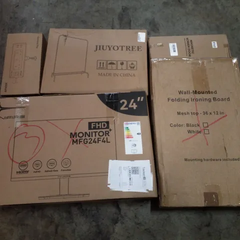 PALLET CONTAINING ASSORTED PRODUCTS INCLUDING PLUG EXTENSION, 24" MONITOR, CLOTHES AIRER, WALL MOUNTED FOLDING IRONING BOARD & MAGNETIC SCREEN DOOR