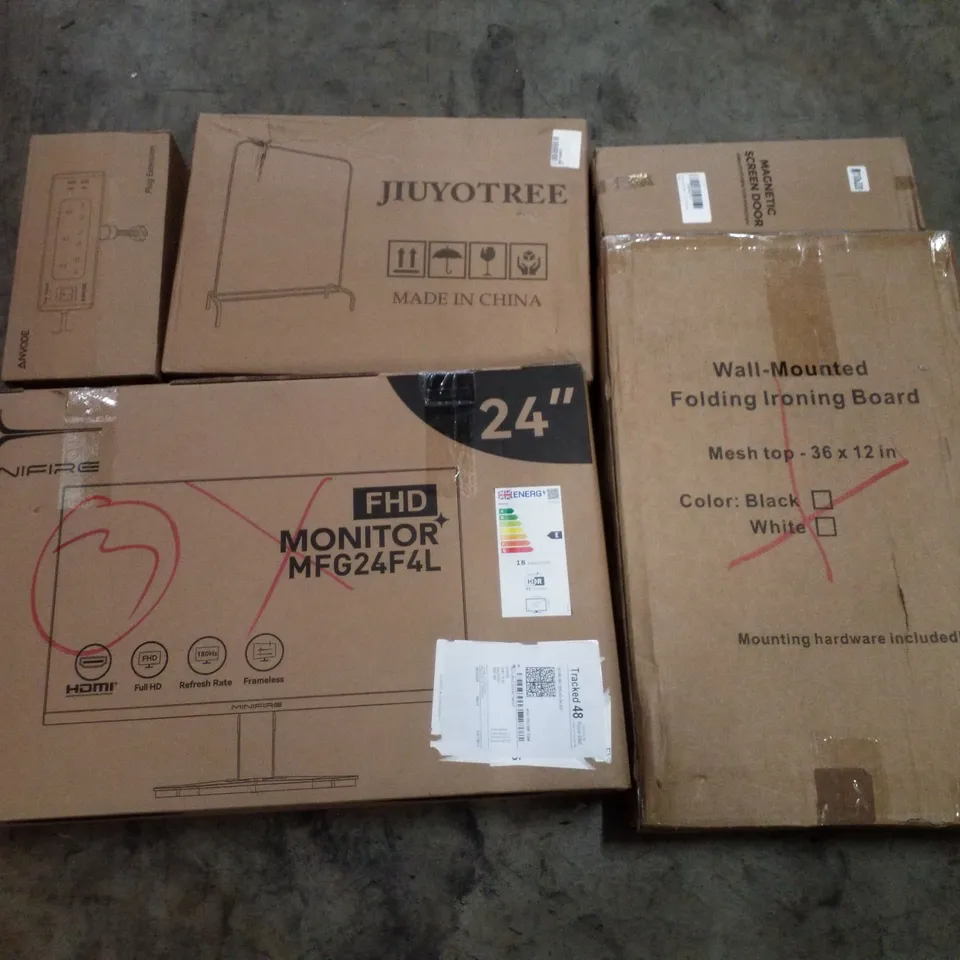 PALLET CONTAINING ASSORTED PRODUCTS INCLUDING PLUG EXTENSION, 24" MONITOR, CLOTHES AIRER, WALL MOUNTED FOLDING IRONING BOARD & MAGNETIC SCREEN DOOR