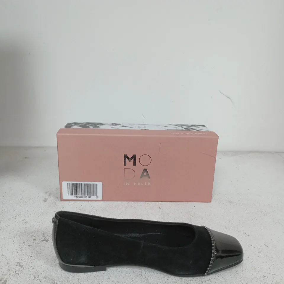 MODA IN PELLE WOMEN'S BLACK VELVET FLATS WITH PATENT TOE – BEADED EDGE EU SIZE 39