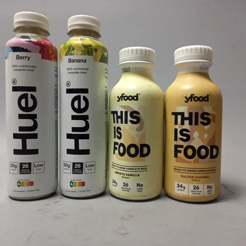 TOTE OF APPROX 12 ASSORTED FOOD ITEMS TO INCLUDE - YFOOD SALTED CARAMEL , HUEL BANANA , HUEL BERRY ECT