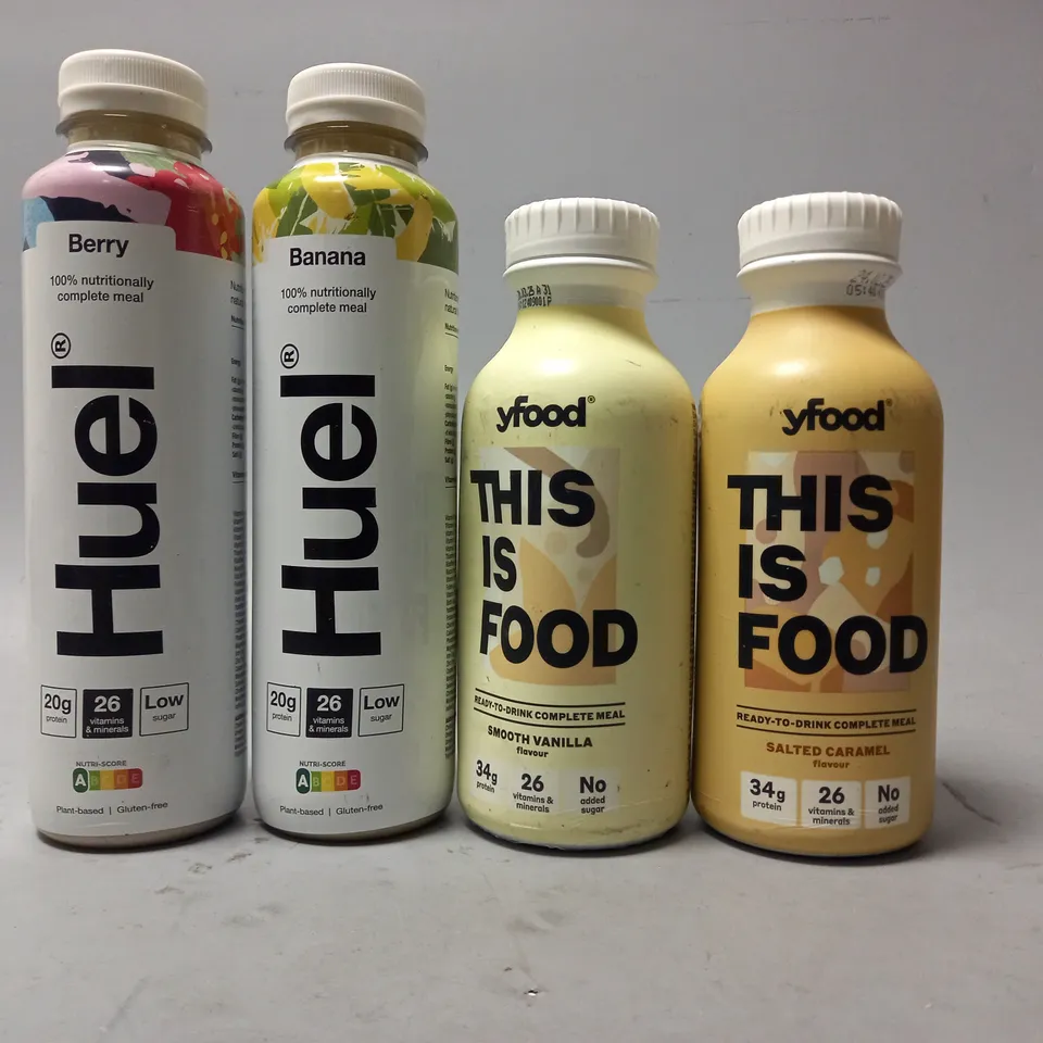 TOTE OF APPROX 12 ASSORTED FOOD ITEMS TO INCLUDE - YFOOD SALTED CARAMEL , HUEL BANANA , HUEL BERRY ECT