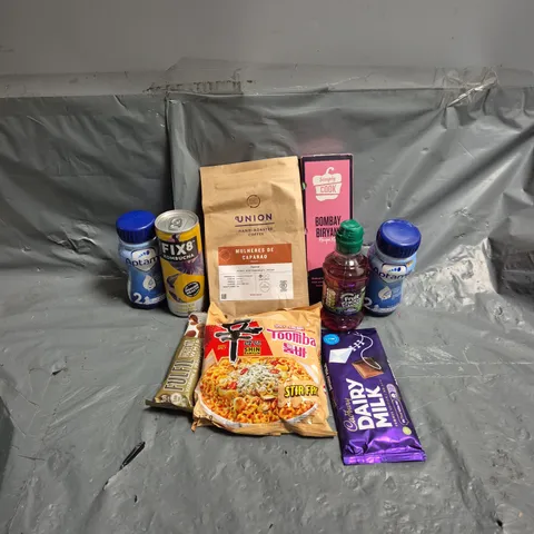 APPROXIMATELY 12 ASSORTED FOOD & DRINK ITEMS TO INCLUDE dairy milk chocolate, fix8 kombucha ginger turmeric, simply cook recipe kits, etc 