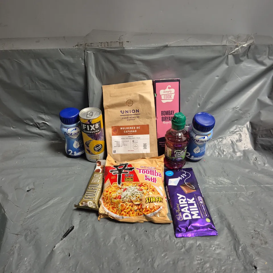 APPROXIMATELY 12 ASSORTED FOOD & DRINK ITEMS TO INCLUDE dairy milk chocolate, fix8 kombucha ginger turmeric, simply cook recipe kits, etc 