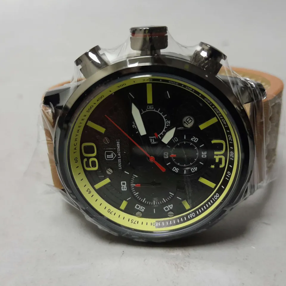 MENS LOUIS LACOMBE CHRONGRAPH WATCH – 3 SUB DIALS – BLACK CASE – LEATHER STRAP