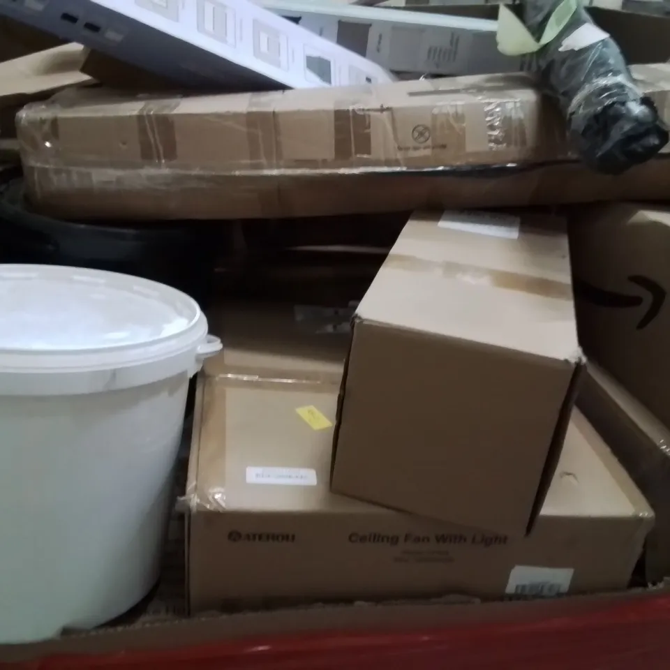 PALLET OF ASSORTED HOUSEHOLD GOODS AND PRODUCTS TO INCLUDE;CEILING FAN WITH LIGHT,RETRACTABLE SAFETY GATE,DRAINAGE LIQUID