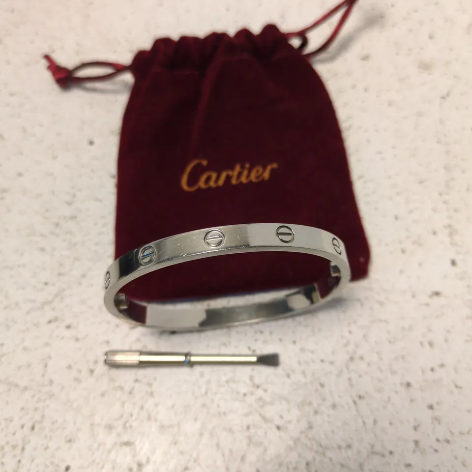CARTIER LOVE BRACELET – SILVER-TONE WITH SCREW MOTIFS, WITH SCREWDRIVER TOOL AND RED POUCH